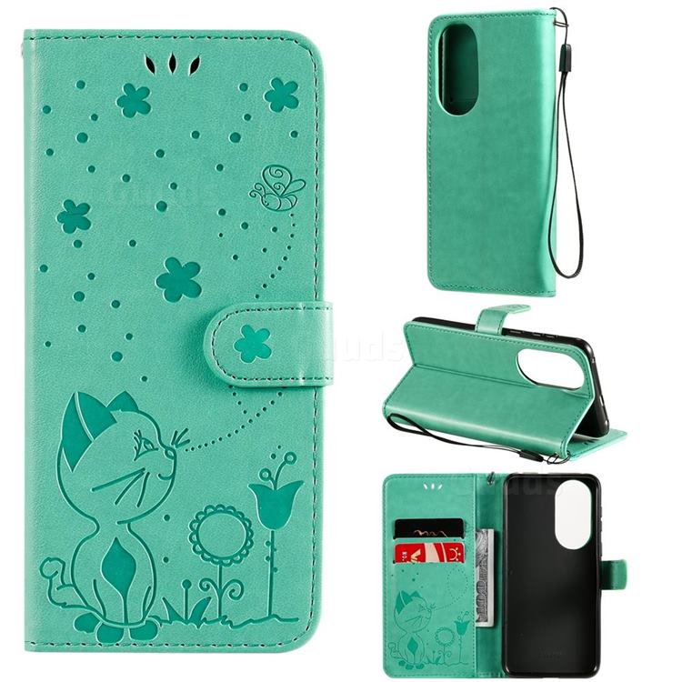 Embossing Bee and Cat Leather Wallet Case for Huawei P50 - Green