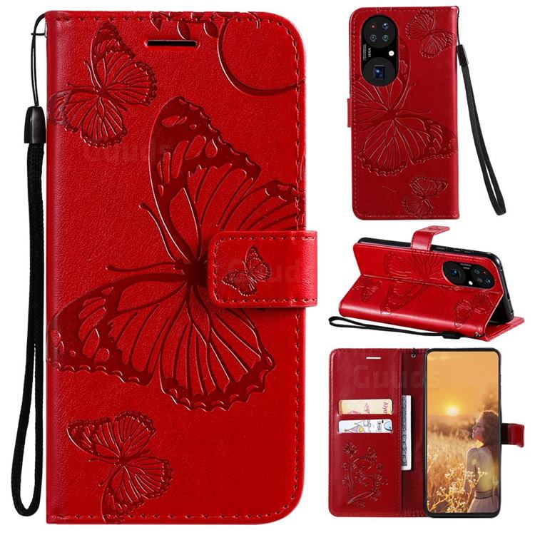 Embossing 3D Butterfly Leather Wallet Case for Huawei P50 - Red