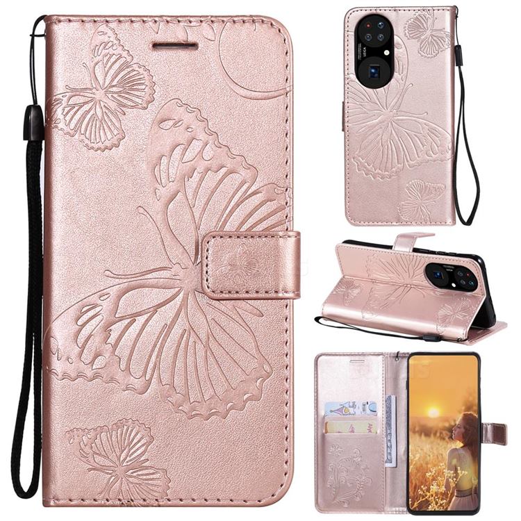 Embossing 3D Butterfly Leather Wallet Case for Huawei P50 - Rose Gold