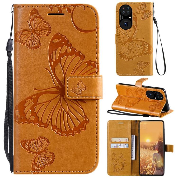 Embossing 3D Butterfly Leather Wallet Case for Huawei P50 - Yellow