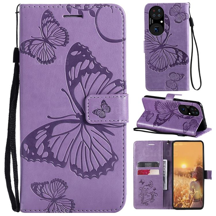 Embossing 3D Butterfly Leather Wallet Case for Huawei P50 - Purple