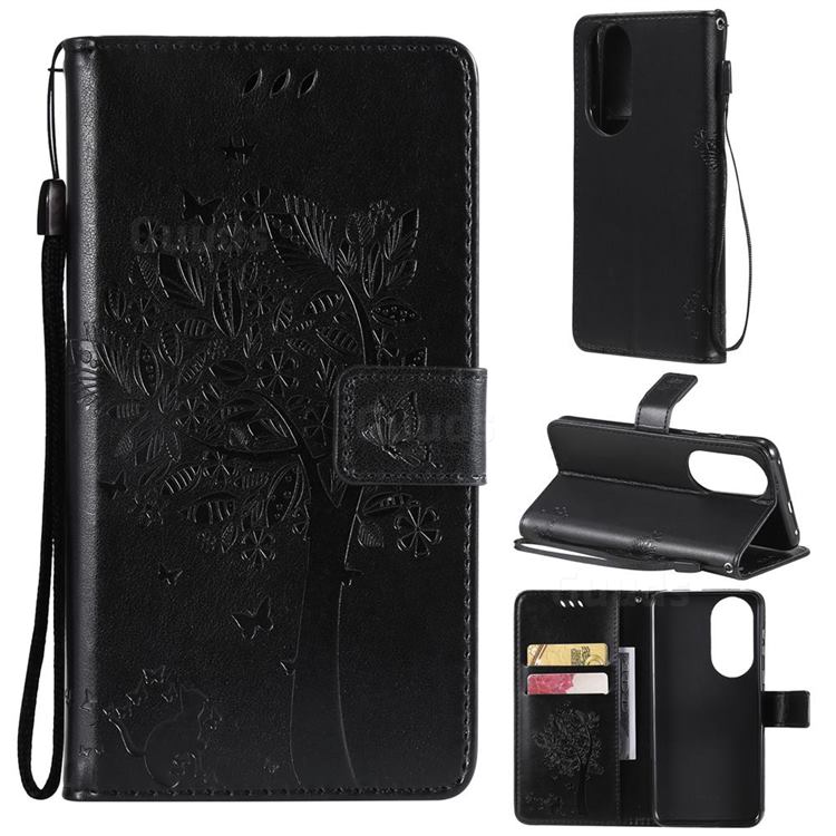Embossing Butterfly Tree Leather Wallet Case for Huawei P50 - Black