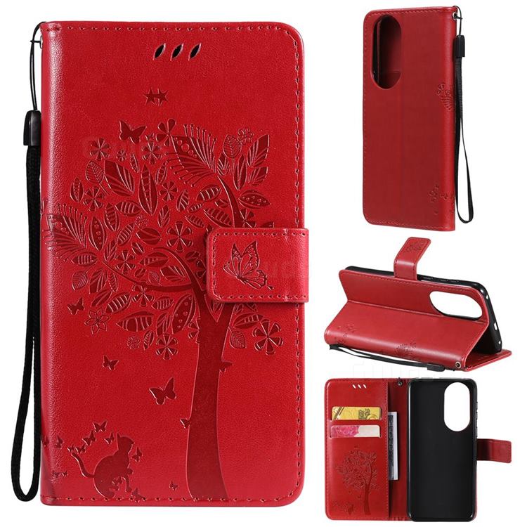 Embossing Butterfly Tree Leather Wallet Case for Huawei P50 - Red