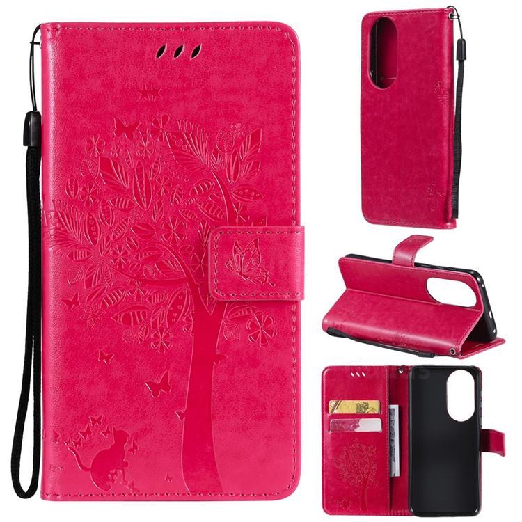 Embossing Butterfly Tree Leather Wallet Case for Huawei P50 - Rose