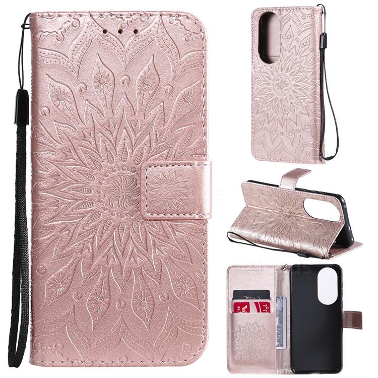 Embossing Sunflower Leather Wallet Case for Huawei P50 - Rose Gold