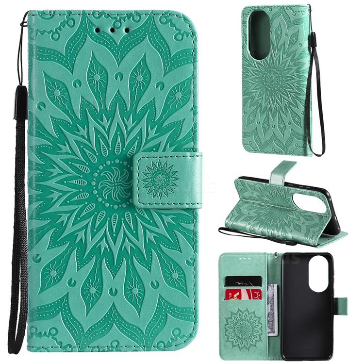 Embossing Sunflower Leather Wallet Case for Huawei P50 - Green