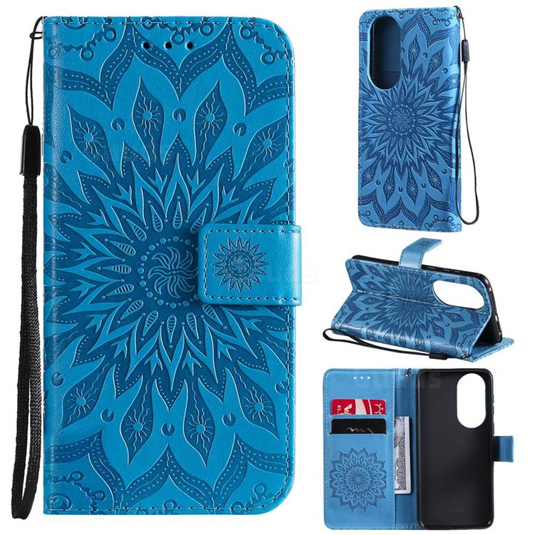 Embossing Sunflower Leather Wallet Case for Huawei P50 - Blue
