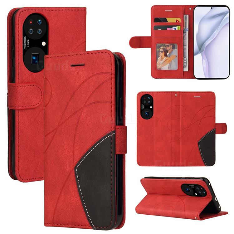 Luxury Two-color Stitching Leather Wallet Case Cover for Huawei P50 - Red