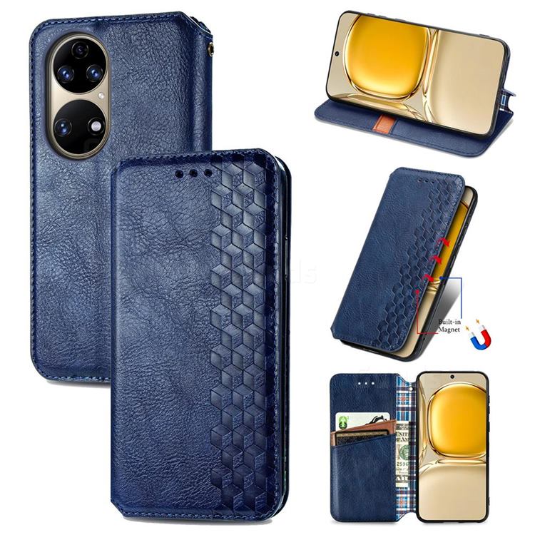 Ultra Slim Fashion Business Card Magnetic Automatic Suction Leather Flip Cover for Huawei P50 - Dark Blue