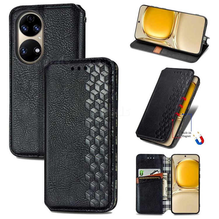 Ultra Slim Fashion Business Card Magnetic Automatic Suction Leather Flip Cover for Huawei P50 - Black