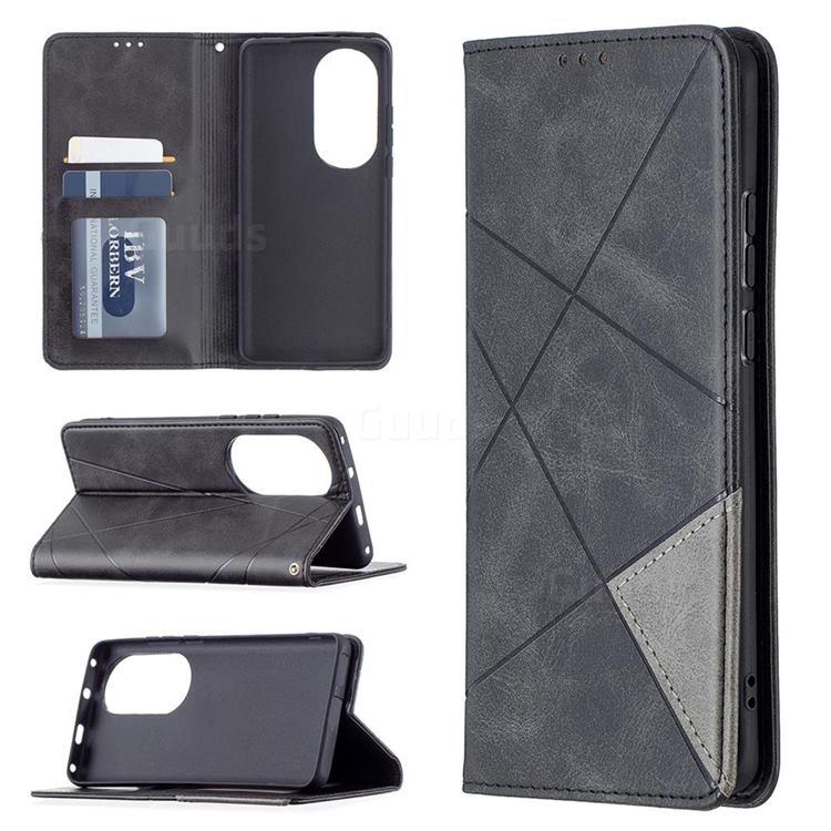 Prismatic Slim Magnetic Sucking Stitching Wallet Flip Cover for Huawei P50 Pro - Black