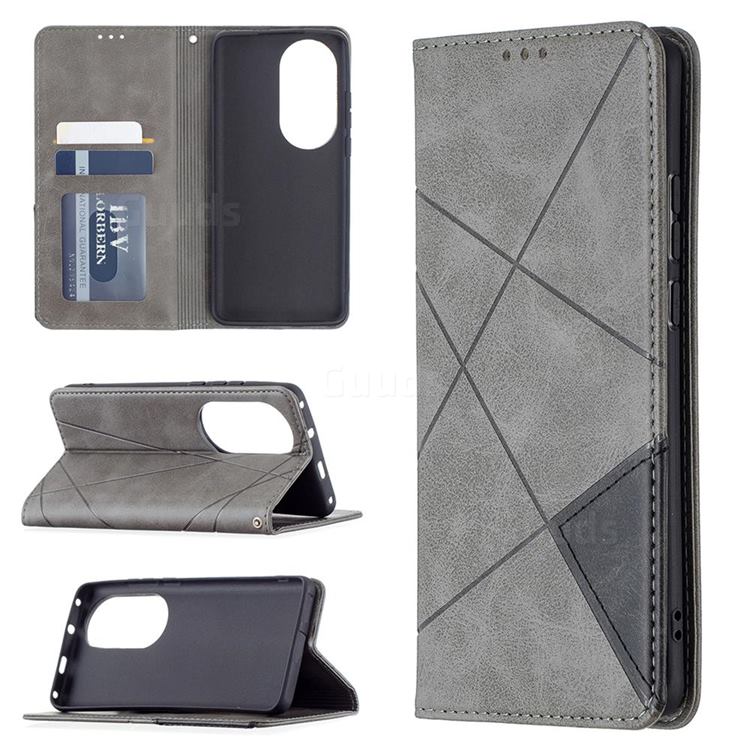 Prismatic Slim Magnetic Sucking Stitching Wallet Flip Cover for Huawei P50 Pro - Gray