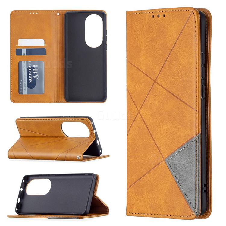 Prismatic Slim Magnetic Sucking Stitching Wallet Flip Cover for Huawei P50 Pro - Yellow