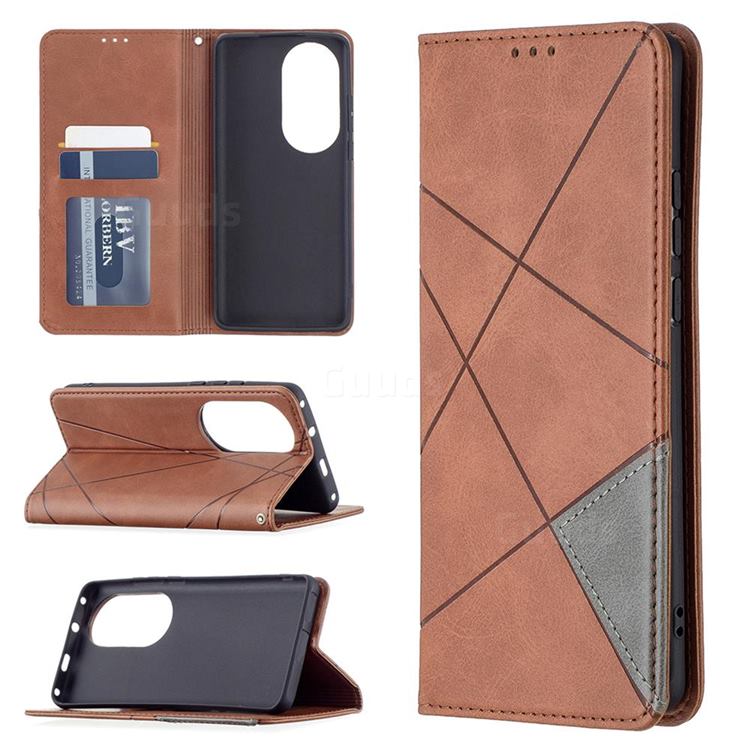Prismatic Slim Magnetic Sucking Stitching Wallet Flip Cover for Huawei P50 Pro - Brown