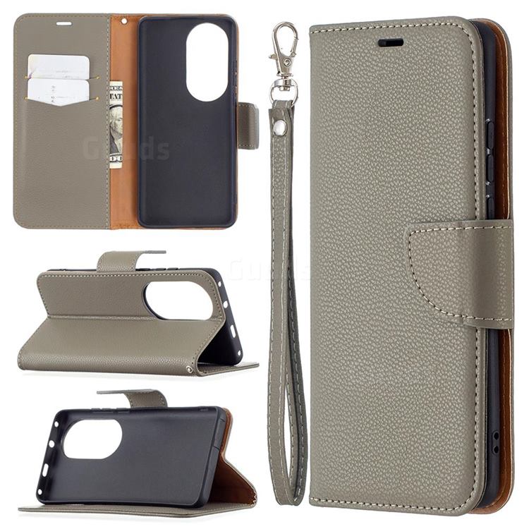 Classic Luxury Litchi Leather Phone Wallet Case for Huawei P50 Pro - Gray