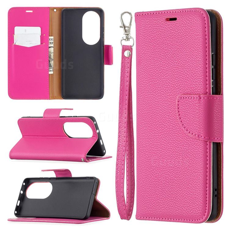 Classic Luxury Litchi Leather Phone Wallet Case for Huawei P50 Pro - Rose