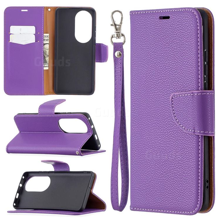 Classic Luxury Litchi Leather Phone Wallet Case for Huawei P50 Pro - Purple