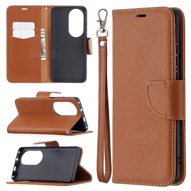 Classic Luxury Litchi Leather Phone Wallet Case for Huawei P50 Pro - Brown