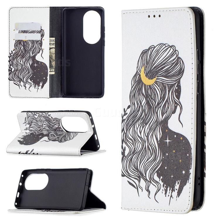 Girl with Long Hair Slim Magnetic Attraction Wallet Flip Cover for Huawei P50 Pro