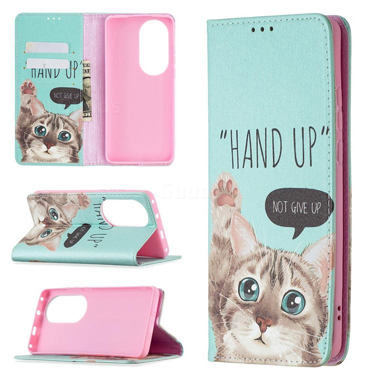 Hand Up Cat Slim Magnetic Attraction Wallet Flip Cover for Huawei P50 Pro