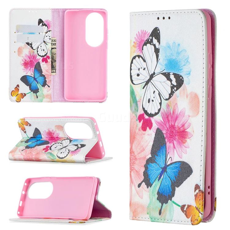 Flying Butterflies Slim Magnetic Attraction Wallet Flip Cover for Huawei P50 Pro