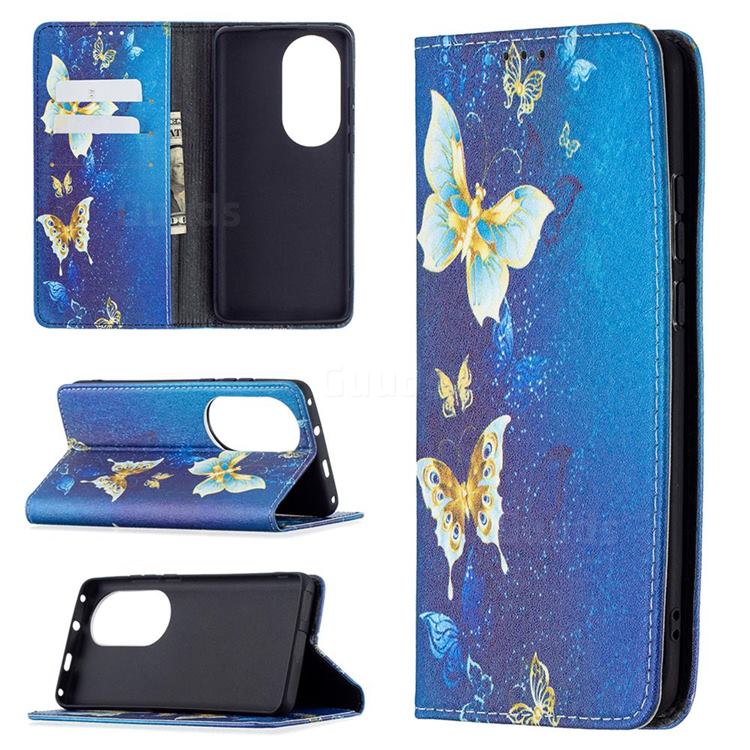 Gold Butterfly Slim Magnetic Attraction Wallet Flip Cover for Huawei P50 Pro