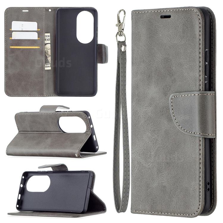 Classic Sheepskin PU Leather Phone Wallet Case for Huawei P50 Pro - Gray