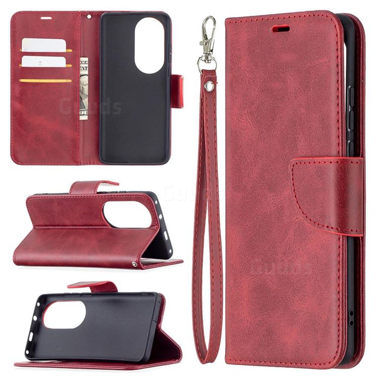 Classic Sheepskin PU Leather Phone Wallet Case for Huawei P50 Pro - Red