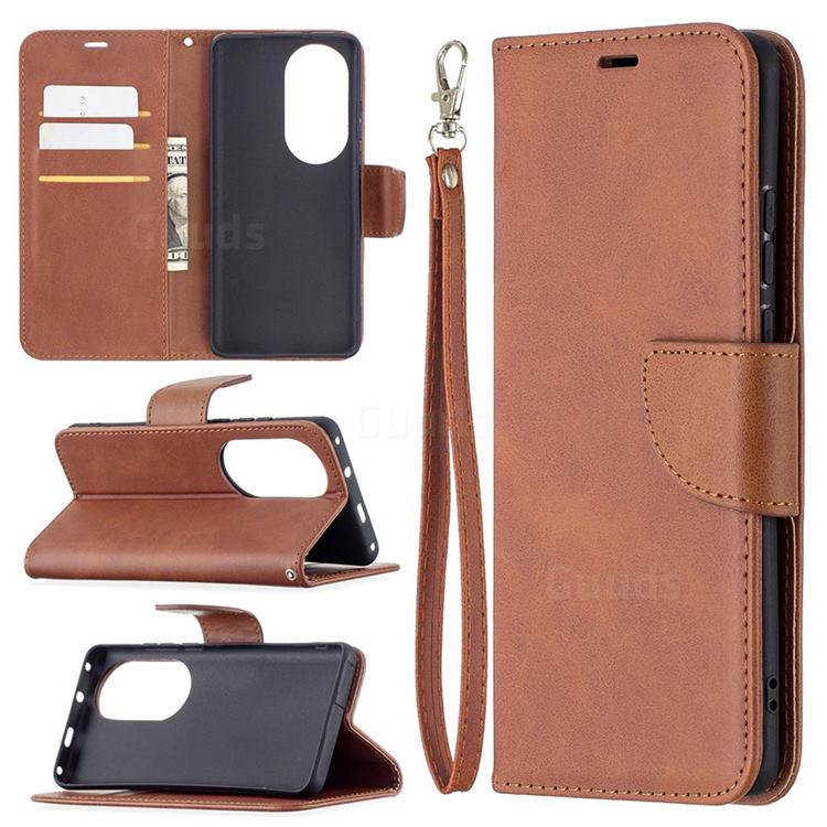 Classic Sheepskin PU Leather Phone Wallet Case for Huawei P50 Pro - Brown