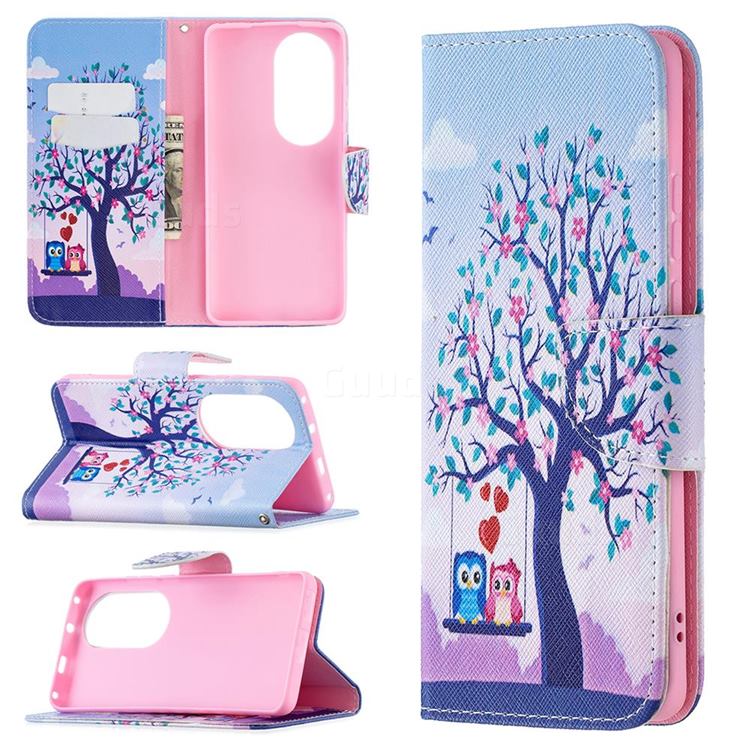 Tree and Owls Leather Wallet Case for Huawei P50 Pro