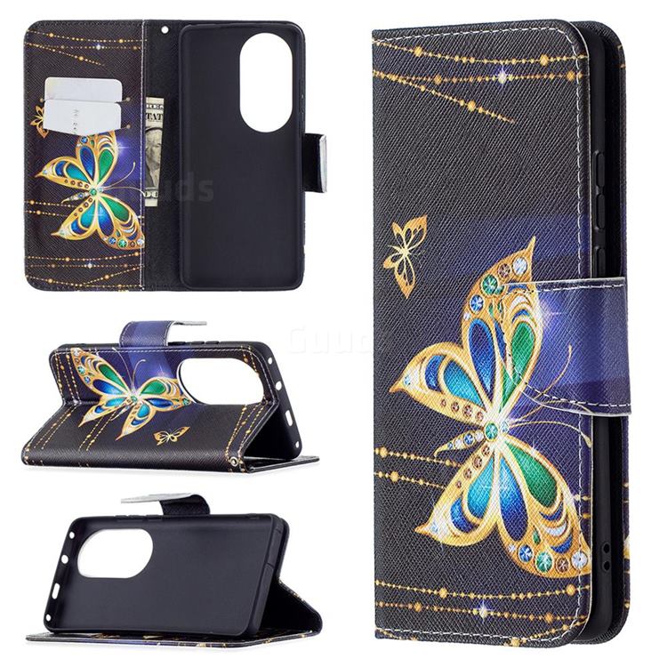 Golden Shining Butterfly Leather Wallet Case for Huawei P50 Pro
