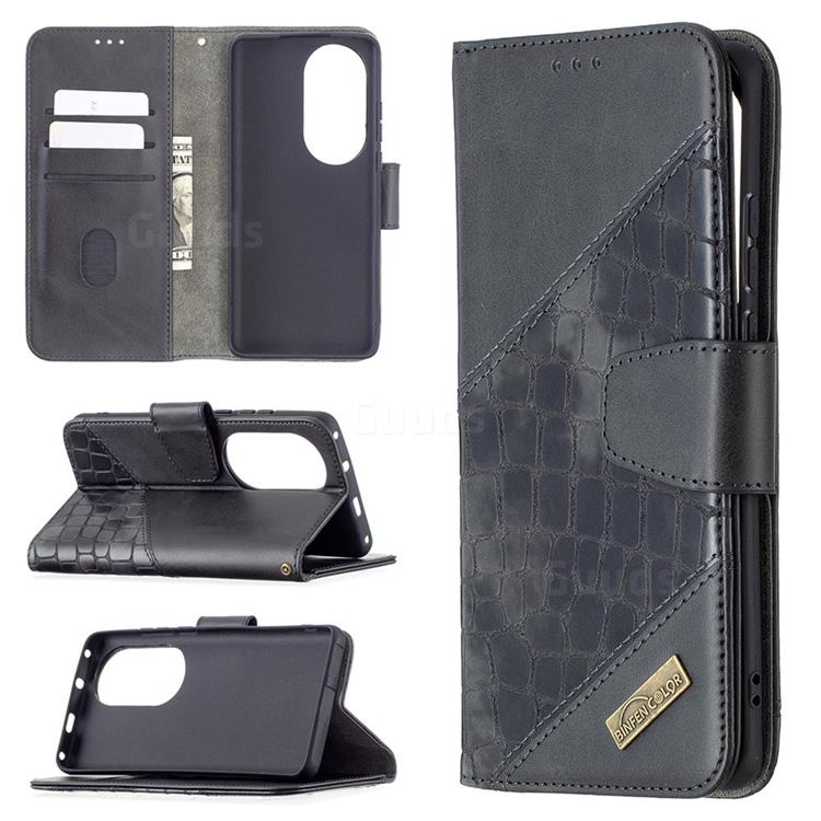 BinfenColor BF04 Color Block Stitching Crocodile Leather Case Cover for Huawei P50 Pro - Black