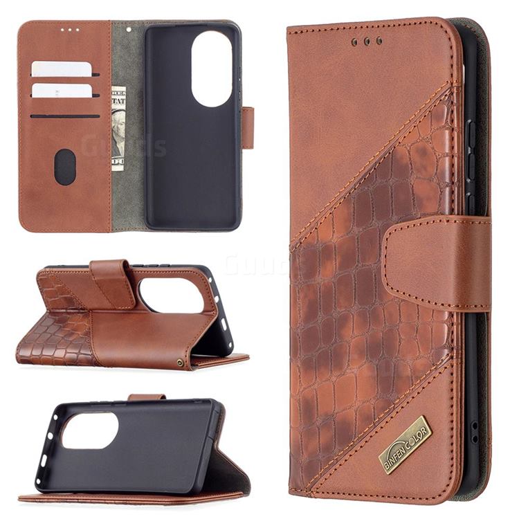 BinfenColor BF04 Color Block Stitching Crocodile Leather Case Cover for Huawei P50 Pro - Brown