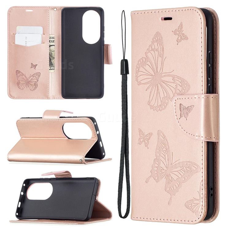 Embossing Double Butterfly Leather Wallet Case for Huawei P50 Pro - Rose Gold