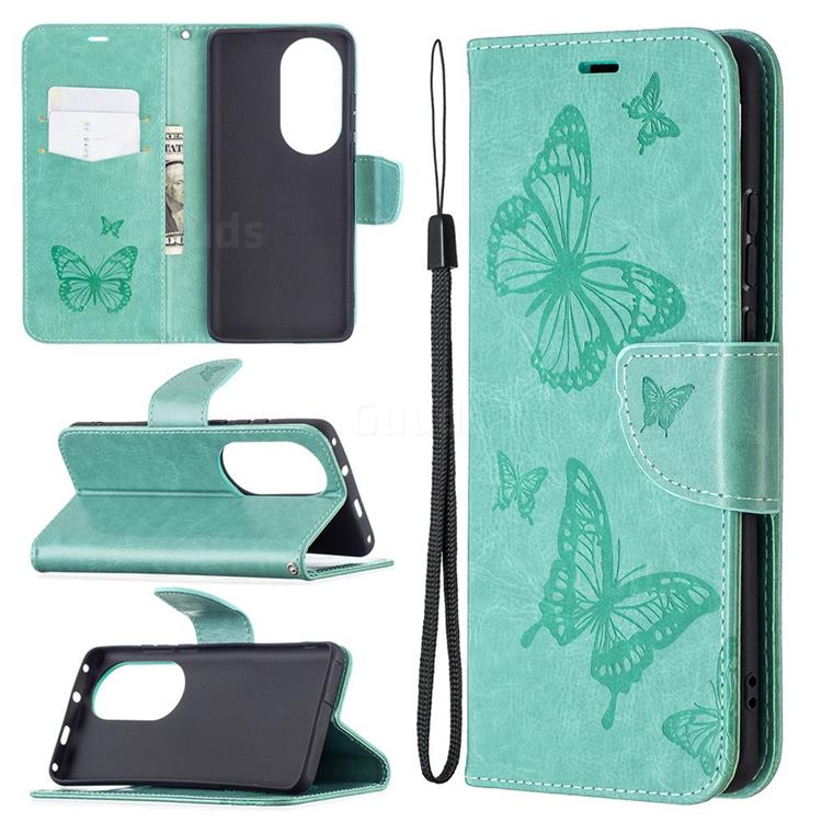 Embossing Double Butterfly Leather Wallet Case for Huawei P50 Pro - Green