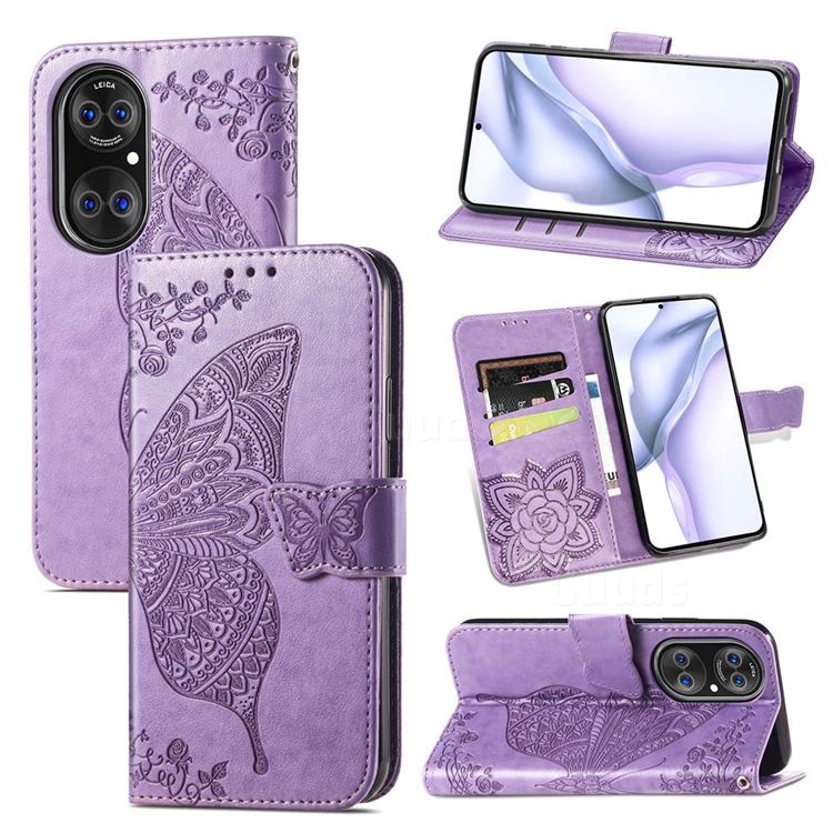 Embossing Mandala Flower Butterfly Leather Wallet Case for Huawei P50 Pro - Light Purple