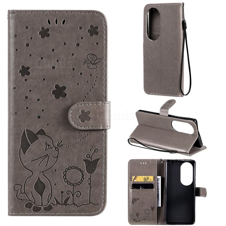 Embossing Bee and Cat Leather Wallet Case for Huawei P50 Pro - Gray