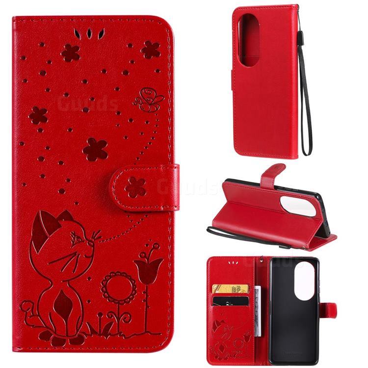 Embossing Bee and Cat Leather Wallet Case for Huawei P50 Pro - Red