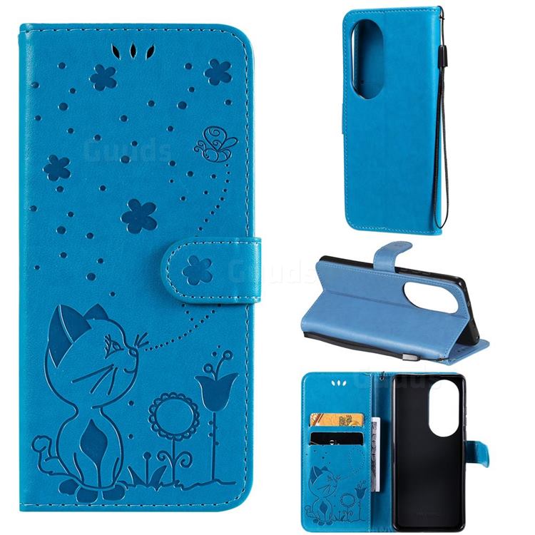 Embossing Bee and Cat Leather Wallet Case for Huawei P50 Pro - Blue