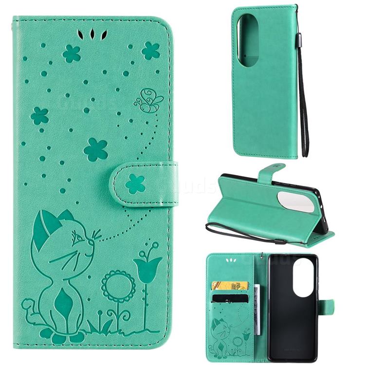 Embossing Bee and Cat Leather Wallet Case for Huawei P50 Pro - Green