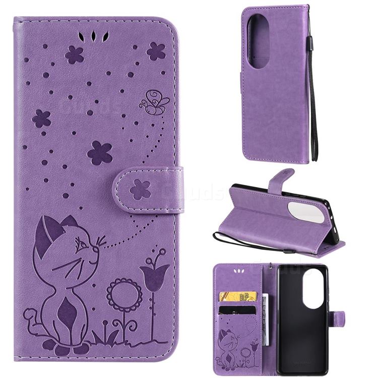 Embossing Bee and Cat Leather Wallet Case for Huawei P50 Pro - Purple