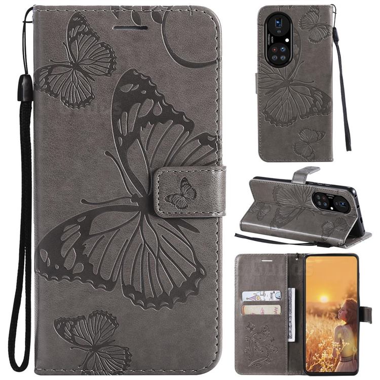 Embossing 3D Butterfly Leather Wallet Case for Huawei P50 Pro - Gray