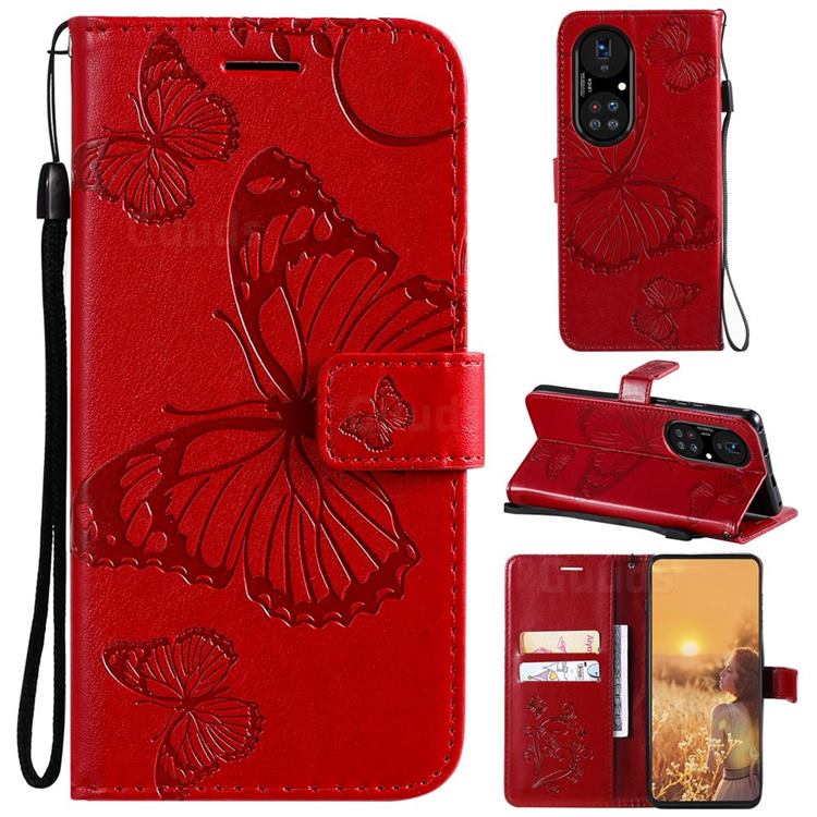 Embossing 3D Butterfly Leather Wallet Case for Huawei P50 Pro - Red