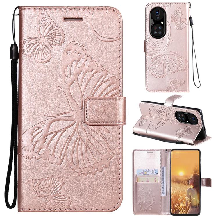 Embossing 3D Butterfly Leather Wallet Case for Huawei P50 Pro - Rose Gold