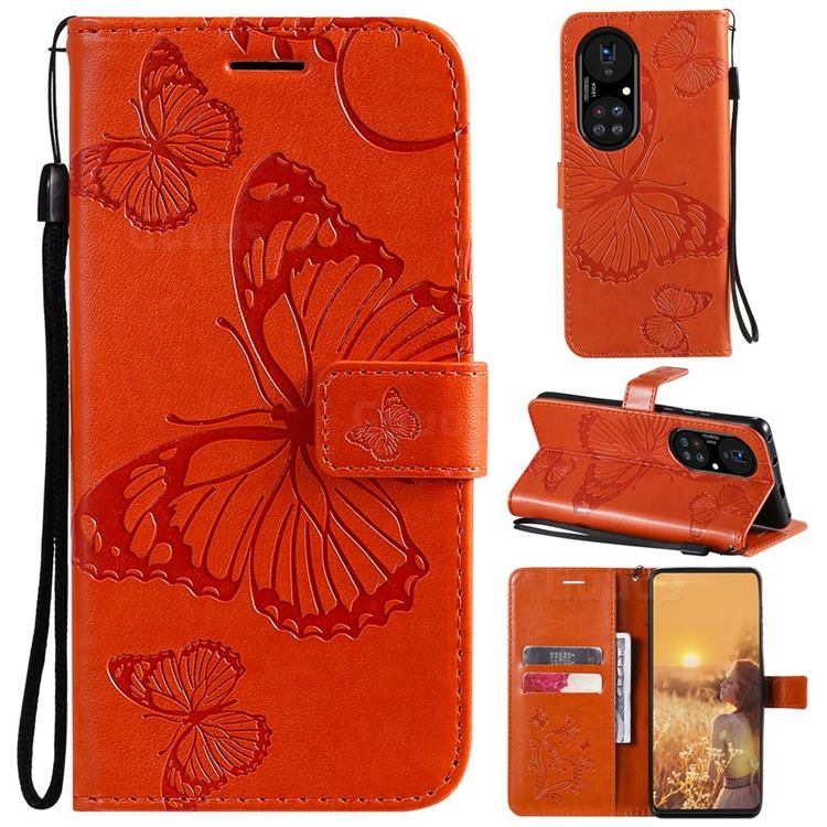 Embossing 3D Butterfly Leather Wallet Case for Huawei P50 Pro - Orange