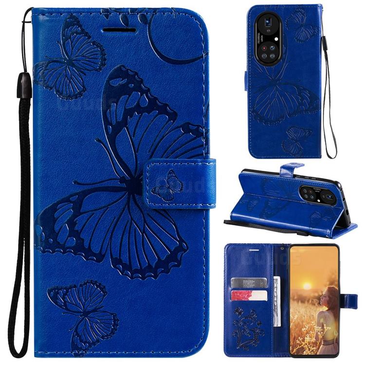 Embossing 3D Butterfly Leather Wallet Case for Huawei P50 Pro - Blue