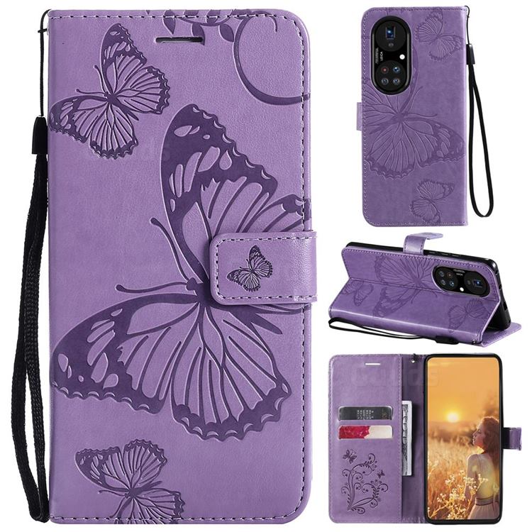Embossing 3D Butterfly Leather Wallet Case for Huawei P50 Pro - Purple