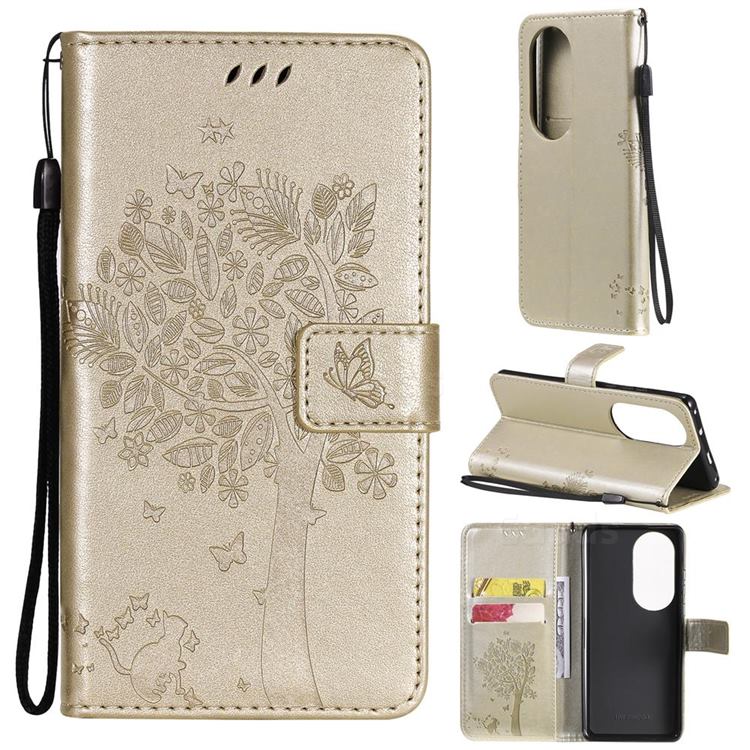 Embossing Butterfly Tree Leather Wallet Case for Huawei P50 Pro - Champagne