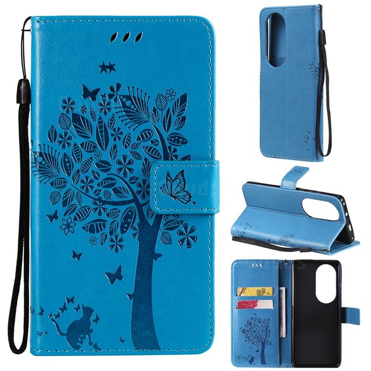 Embossing Butterfly Tree Leather Wallet Case for Huawei P50 Pro - Blue