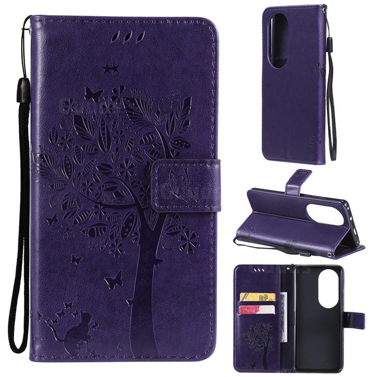Embossing Butterfly Tree Leather Wallet Case for Huawei P50 Pro - Purple